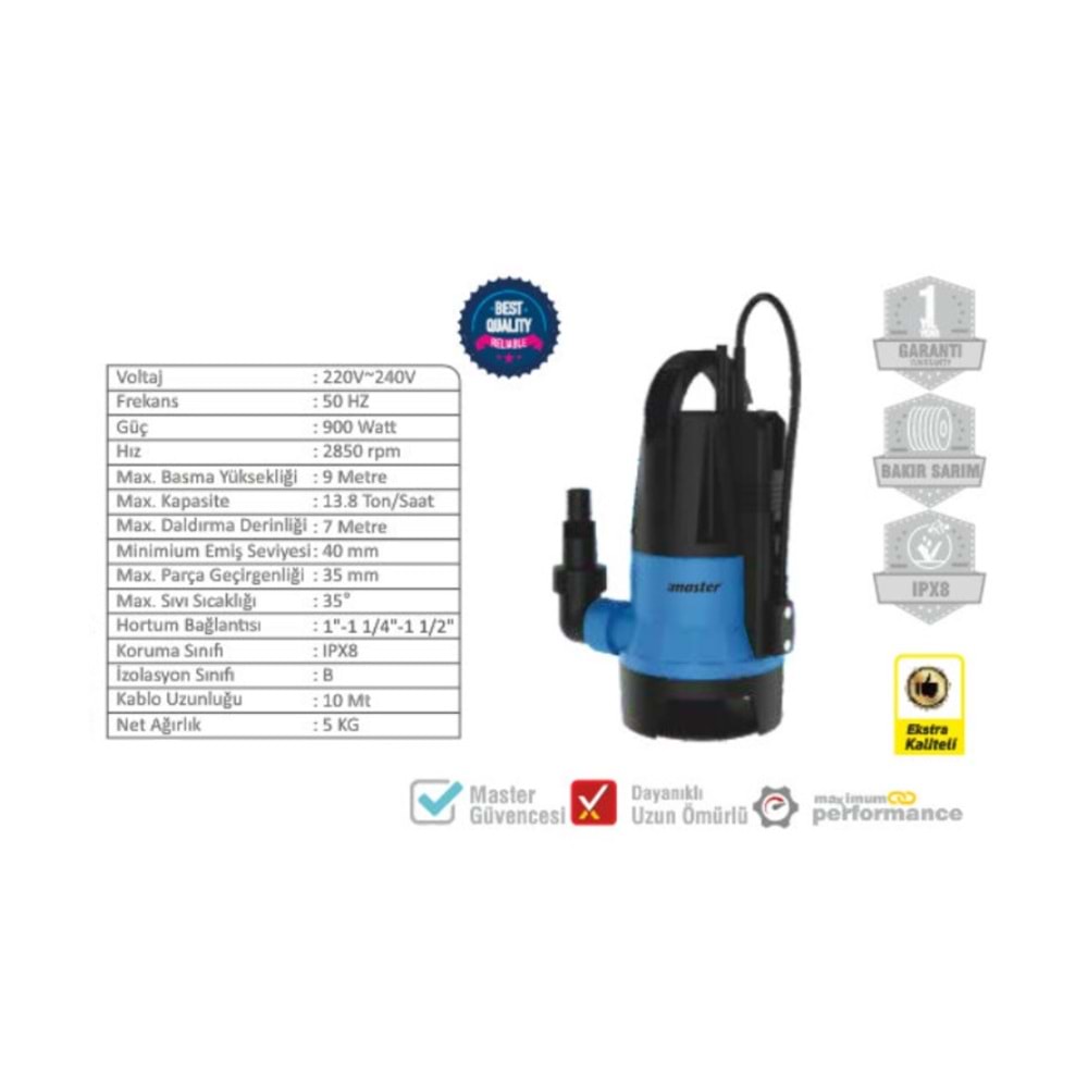 MASTER DALGIÇ POMPA KİRLİ SU AYARLI FLATÖR 900WATT 532110