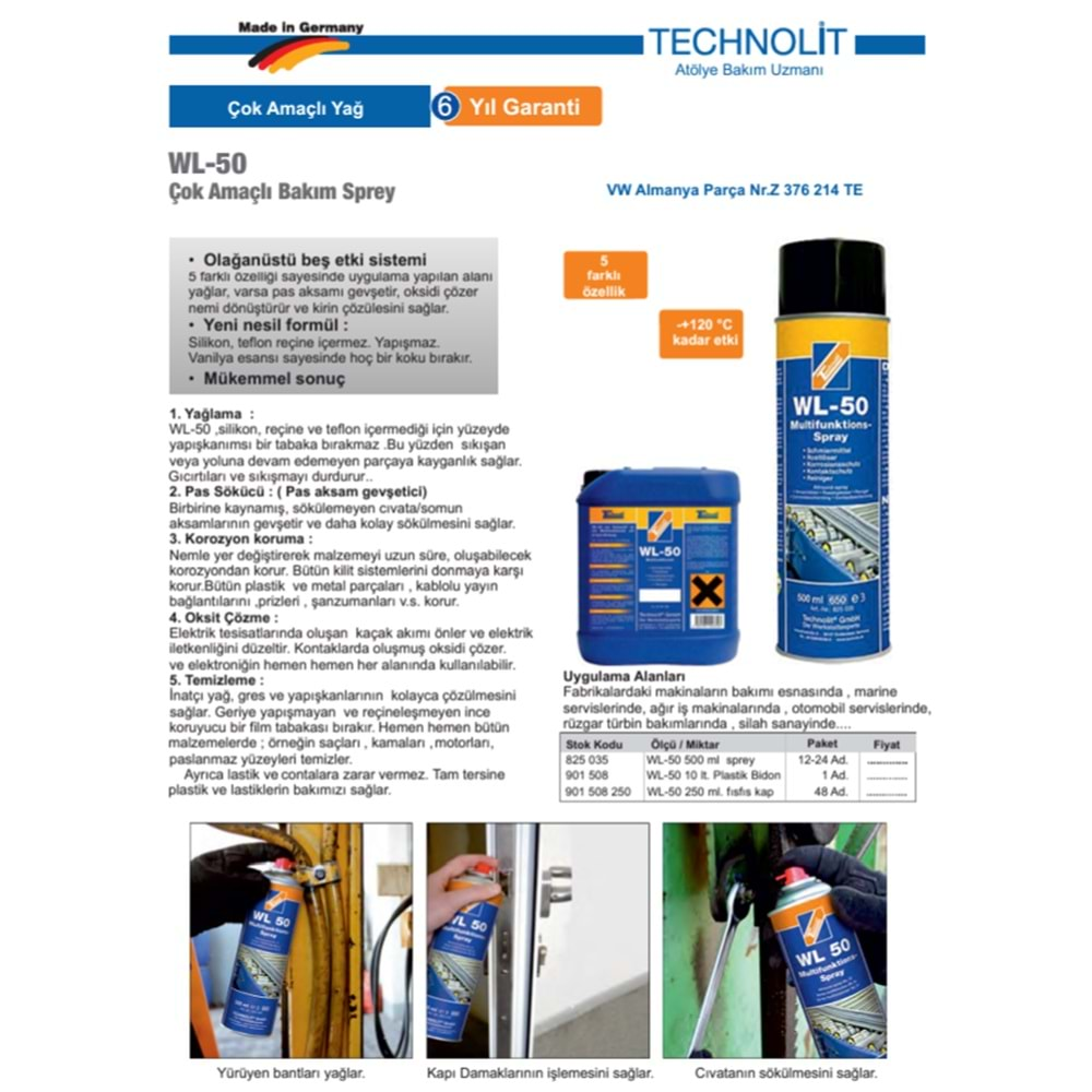 ÇOK AMAÇLI SPREY WL-50 250ML. 901508250 TECHNOLİT