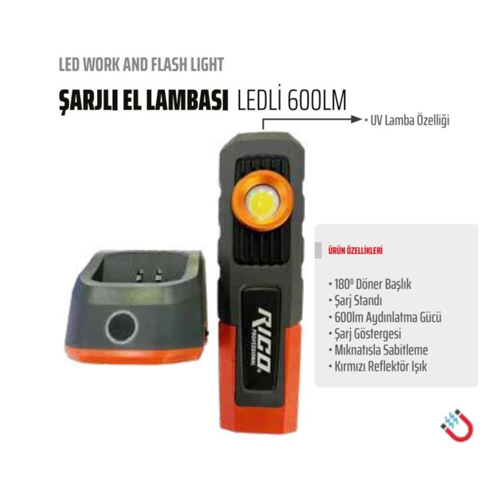 ŞARJLI MIKNATISLI LED LAMBA 600 LÜMEN RC0027