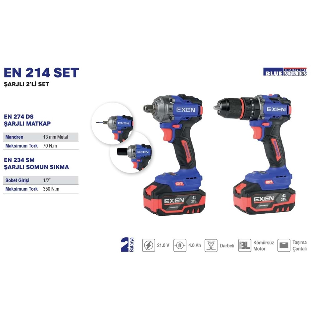 EXEN KÖMÜRSÜZ ŞARJLI MAKİNA SETİ 2 Lİ EN214