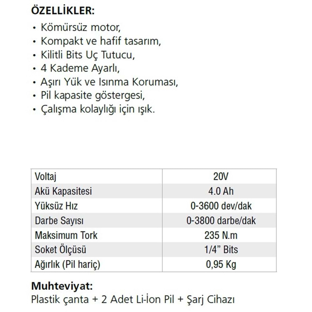 AKÜLÜ DARBELİ VİDALAMA 235NM 20V-4.AH/LİON A161 GAV