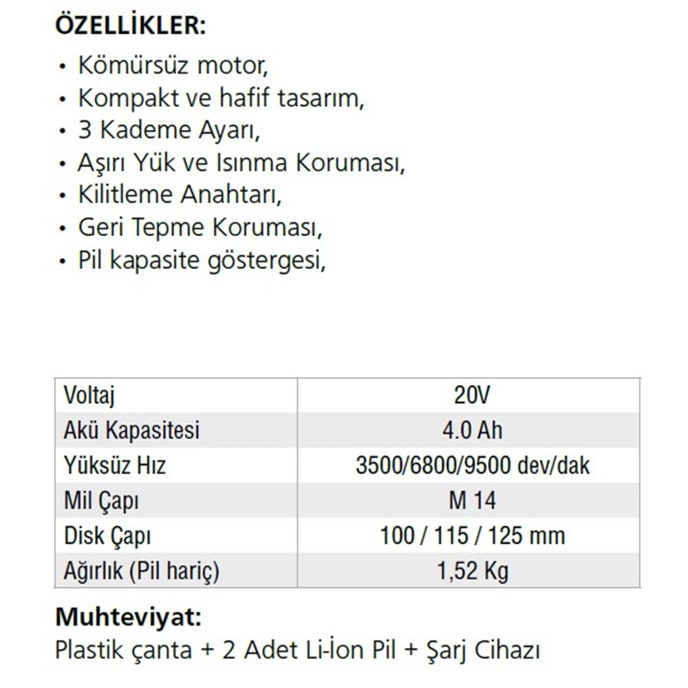 AKÜLÜ TAŞLAMA 125MM 20V-4.AH/LİON A350 GAV