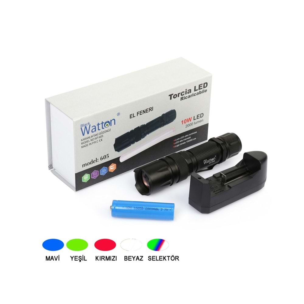 WATTON ŞARJLI EL FENERİ 4 RENK 2000 LÜMEN WT-605