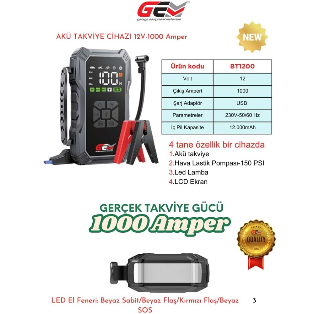 GEM BOOSTER AKÜ TAKVİYE VE LASTİK ŞİŞİRME CİHAZI BT 1200 12V-1000 AMP