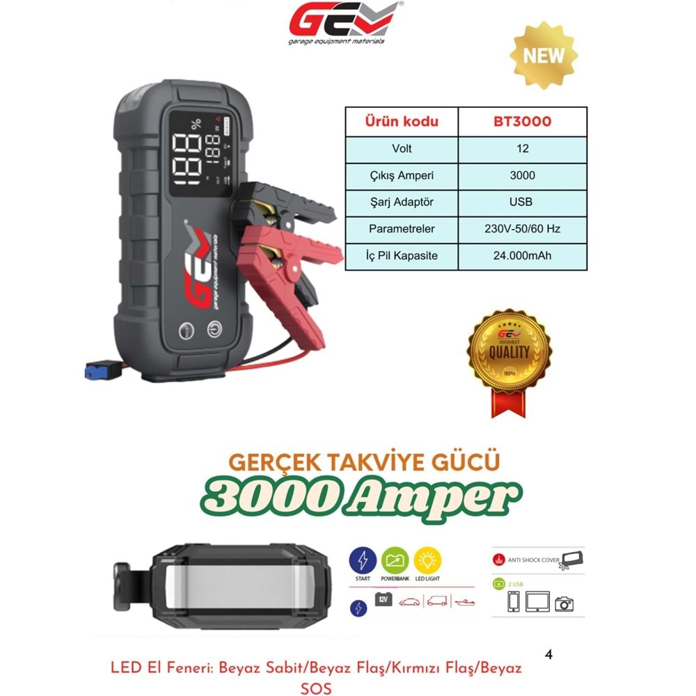 GEM BOOSTER AKÜ TAKVİYE CİHAZI BT 3000 12V-3000 AMP