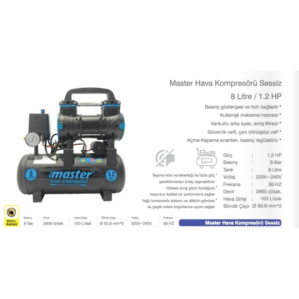 MASTER KOMPRESÖR 8LT. SESSİZ YAĞSIZ 534050
