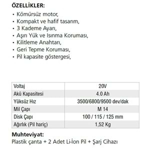 AKÜLÜ TAŞLAMA 125MM 20V-4.AH/LİON A350 GAV