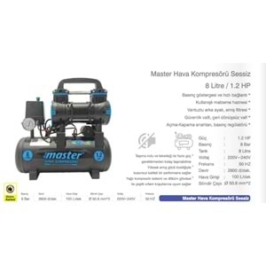 MASTER KOMPRESÖR 8LT. SESSİZ YAĞSIZ 534050