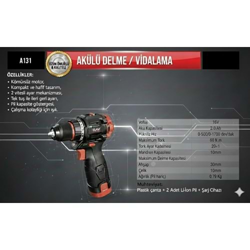 AKÜLÜ DARBELİ DELME-VİDALAMA 60NM 16V-2.AH/LİON A131 GAV