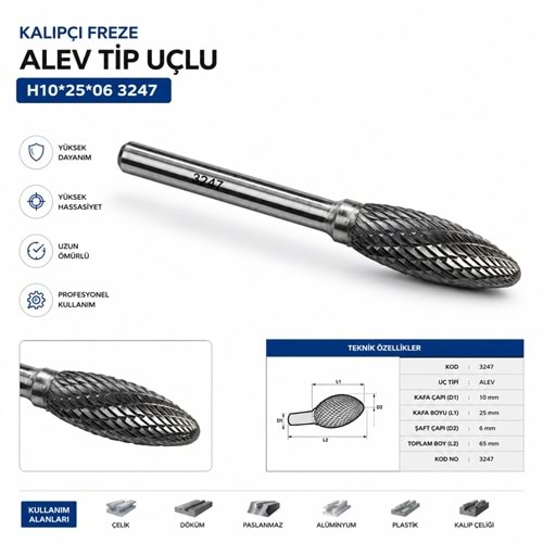 KALIPÇI FREZE ALEV TİP UÇLU H10*25*06 3247