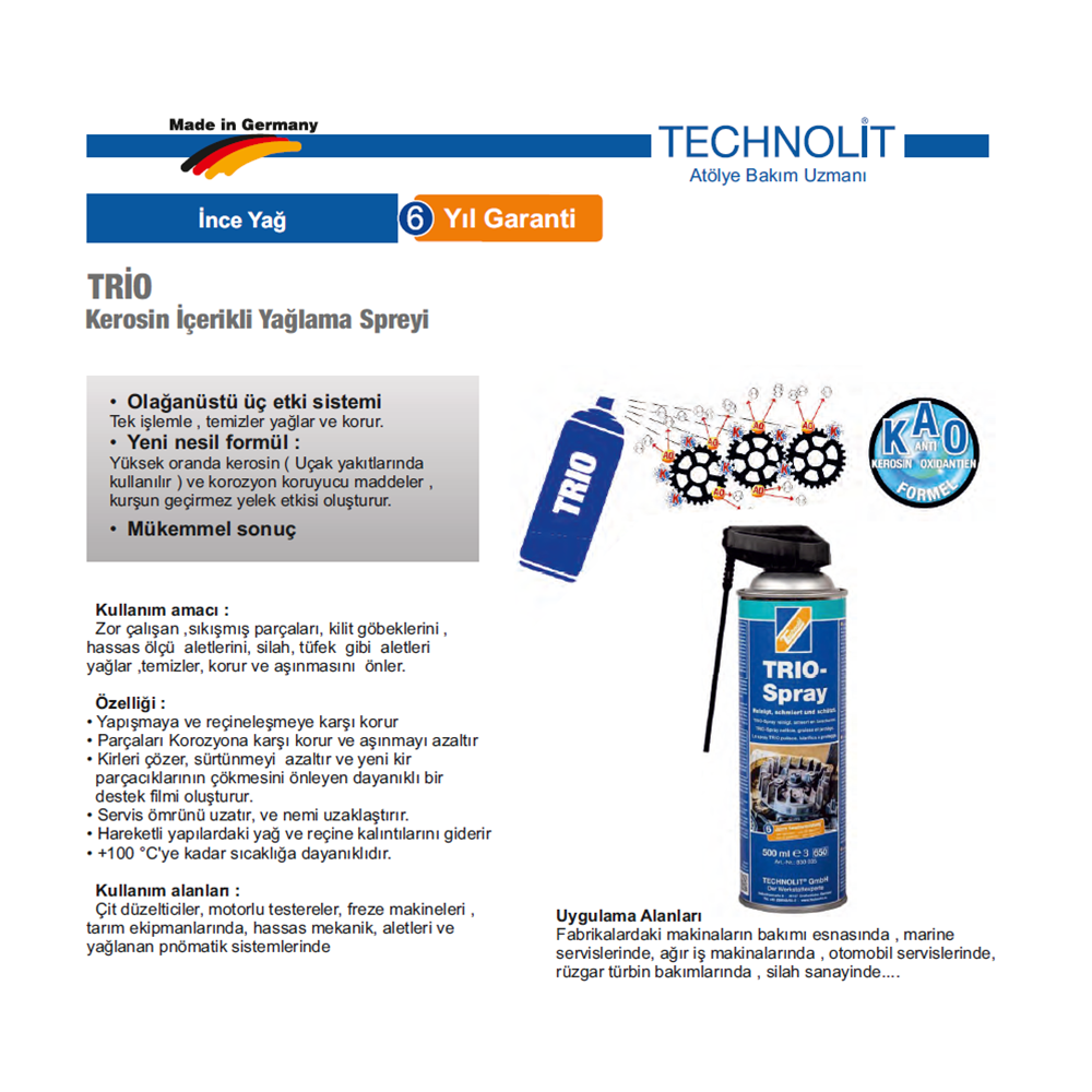 TRİO TEMİZLEME-YAĞLAMA-KORUMA SPREYİ 500ML 830 035TECHNOLİT