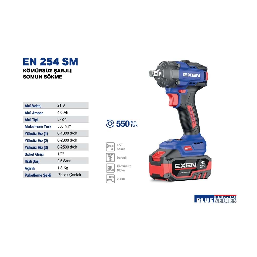 EXEN KÖMÜRSÜZ ŞARJLI MATKAP 254 SM 21V 4AH 550NM 2 BATARYA