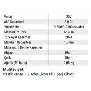 AKÜLÜ DARBELİ DELME-VİDALAMA 65NM 20V-2.AH/LİON A132 GAV