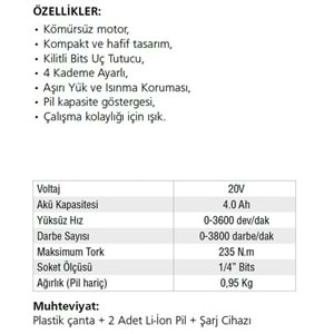 AKÜLÜ DARBELİ VİDALAMA 235NM 20V-4.AH/LİON A161 GAV