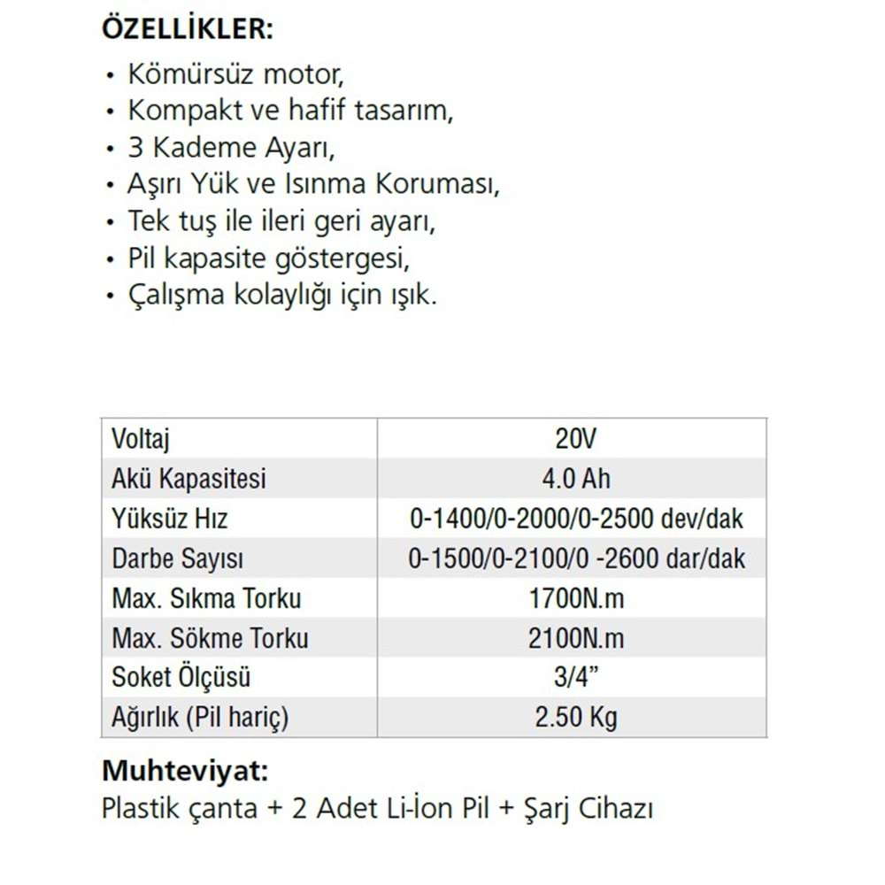 AKÜLÜ DARBELİ SOMUN SIKMA 2100NM 20V-4.AH/LİON A205 GAV
