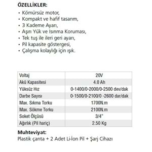 AKÜLÜ DARBELİ SOMUN SIKMA 2100NM 20V-4.AH/LİON A205 GAV