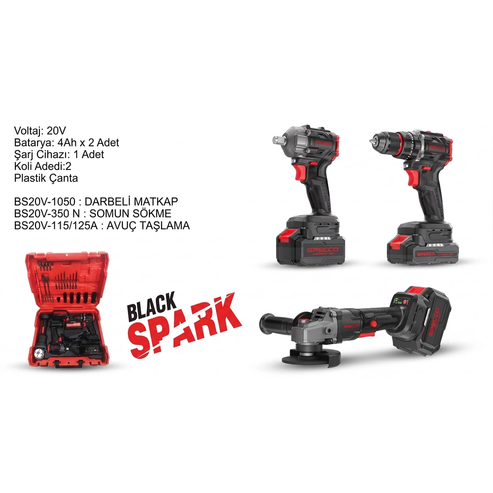 SPECCO AKÜLÜ MATKAP+SOMUN SÖKME+TAŞ MOTORU 4AH X2 BATARYA BS20V-002SET