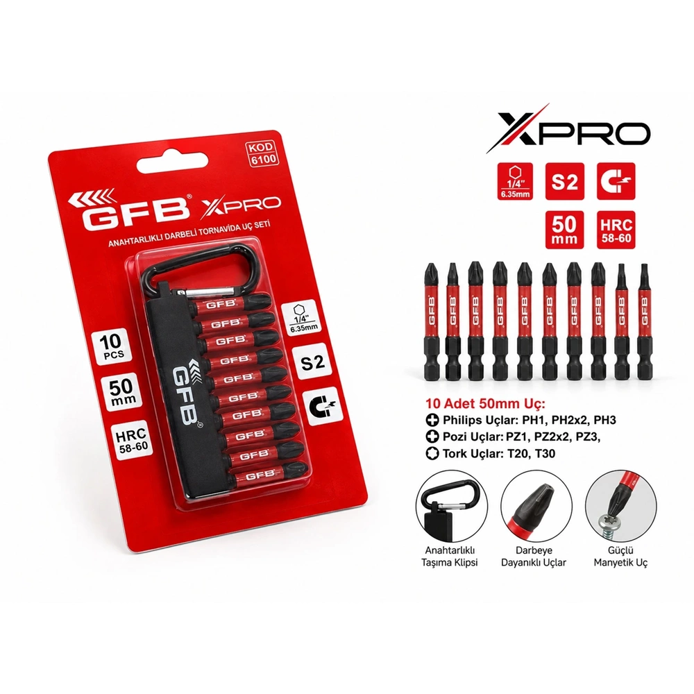 XPRO ANAHTARLIKLI DARBELİ BİTS UÇ SETİ 10 PARÇA 8100
